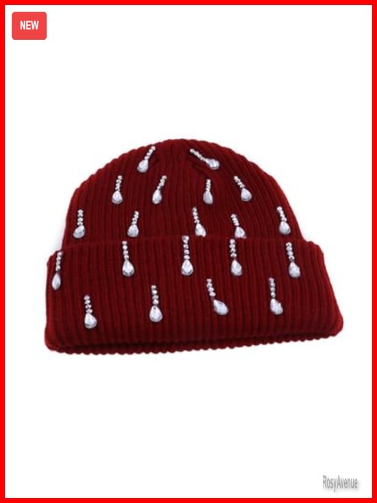 Rhinestone Jewel Drop Chunky Knit Beanie Winter Warm Cuffed Skull Cap